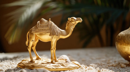 A stunning golden camel statue elegantly displayed on sand, surrounded by lush greenery, perfect for enhancing a luxurious and cultural interior decor theme.の素材