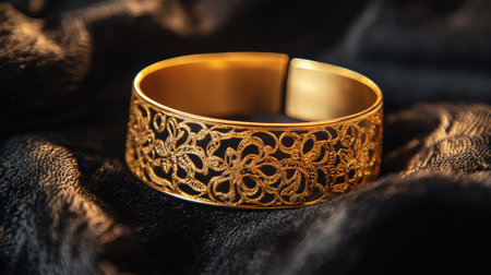 This stunning gold bracelet features an intricate lace design, radiating elegance and craftsmanship, making it an excellent choice for fashion photography and jewelry displays.の素材