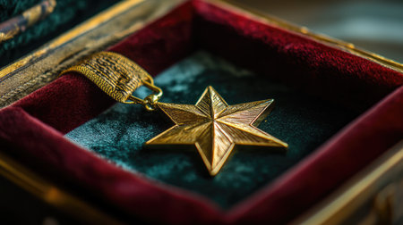 A stunning close-up of a vintage gold star medal placed inside an elegant jewelry box lined with rich velvet, showcasing intricate details and a sense of prestige.の素材