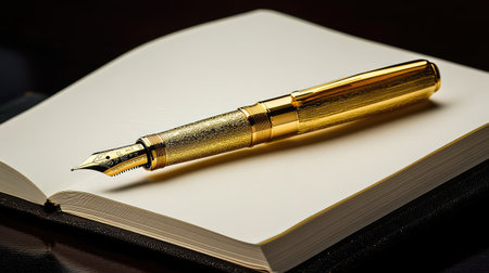 A luxurious gold fountain pen gracefully positioned on a blank notebook page, radiating sophistication, perfect for themes of writing, creativity, and inspiration.の素材