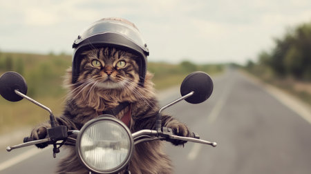 A whimsical cat in a helmet confidently rides a motorcycle down an open road, showcasing a blend of adventure, humor, and charm in this playful animal portrait.の素材