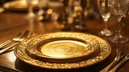 A beautifully crafted golden plate with intricate floral patterns rests on a luxurious table, surrounded by elegant glassware and silverware, creating a warm, inviting ambiance.の素材
