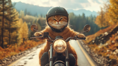 This whimsical image features a confident cat wearing a helmet and riding a motorcycle through an enchanting autumn landscape, showcasing nature's beauty.の素材