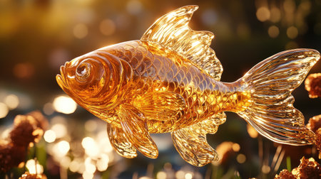 A stunning glass fish sculpture in golden hues floats gracefully amidst vibrant flowers, capturing sunlight and adding a magical touch to natural surroundings.の素材