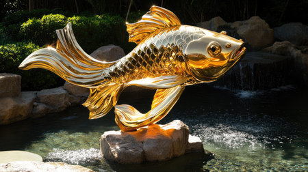 This mesmerizing golden fish sculpture is artistically situated on rocks amidst sparkling water, surrounded by lush greenery, creating a tranquil outdoor experience perfect for relaxation.の素材