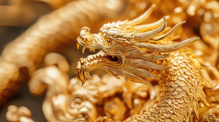 A magnificent golden dragon sculpture showcasing exceptional craftsmanship and intricate details, symbolizing power and mythology in a stunning artistic representation.の素材