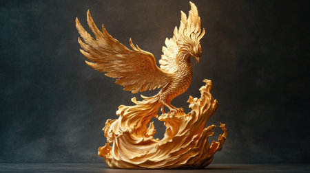 A captivating golden phoenix sculpture rises dramatically from flames, embodying themes of rebirth and strength. This art piece is perfect for enhancing any inspirational setting.の素材