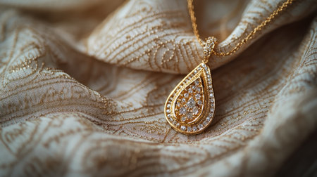 Discover the beauty of this elegant gold necklace featuring a sparkling diamond pendant, artistically crafted and gracefully draped on luxurious fabric for a stunning visual appeal.の素材