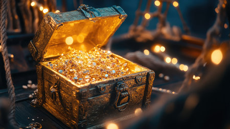 A beautifully adorned treasure chest filled with sparkling gold coins and colorful gems, radiating a warm glow amidst a mystical backdrop, perfect for fantasy illustrations.の素材