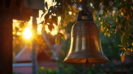 A beautifully detailed golden bell hangs gracefully among green foliage, illuminated by warm sunset light, evoking a sense of peace and tranquility in this serene outdoor setting.の素材