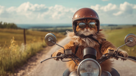 A charming cat wearing sunglasses and a helmet rides confidently on a motorcycle, embodying adventure and fun against a backdrop of a picturesque country road.の素材
