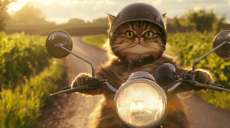 A delightful cat wearing a helmet rides a motorcycle down a picturesque country road, surrounded by beautiful greenery and a stunning sunset, radiating adventure and charm.の素材