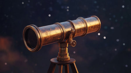 An exquisite antique telescope on a sturdy wooden tripod showcases the beauty of exploration against a star-filled night sky, inviting curiosity and inspiration.の素材