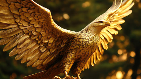A stunning golden eagle sculpture captures the essence of power and grace, showcasing detailed feathers and majestic wings in a serene outdoor setting.の素材