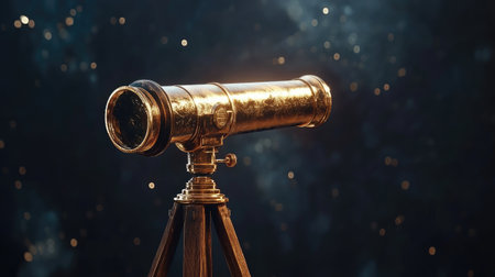 A beautifully crafted antique telescope stands on a wooden tripod, surrounded by twinkling stars, symbolizing exploration and the allure of the universe. Perfect for astronomy-themed projects.の素材