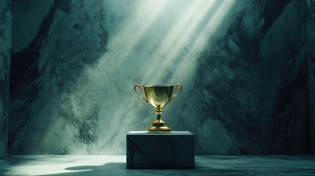 A stunning gold trophy rests on a marble pedestal, illuminated by soft rays of light in a dark stone setting, conveying themes of achievement and success.の素材