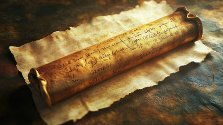 An ancient scroll lies elegantly on aged parchment, featuring intricate handwritten text that sparks curiosity about its historical significance and hidden tales.の素材