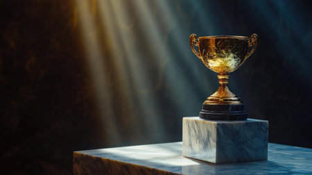 A stunning golden trophy resting on a marble base, illuminated by powerful light rays, representing success, achievement, and the spirit of competition in various events.の素材
