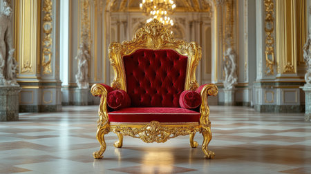A stunning red velvet armchair with intricate gold detailing positioned in a lavish baroque setting, showcasing rich textures and elegant architecture in a royal ambiance.の素材