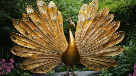 A stunning golden peacock sculpture stands elegantly in a picturesque garden, showcasing intricate feather details and vibrant colors, perfect for nature and art enthusiasts.の素材