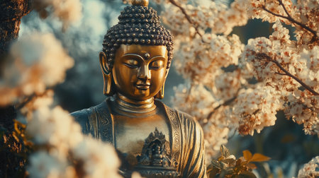 A beautiful golden Buddha statue is nestled among vibrant cherry blossoms, creating a serene ambiance in this tranquil outdoor garden setting. Enjoy the peaceful harmony.の素材
