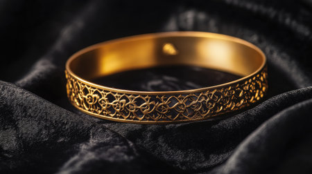 This stunning golden bracelet features a delicate filigree design, resting gracefully on luxurious black fabric. Ideal for fashion and jewelry enthusiasts.の素材