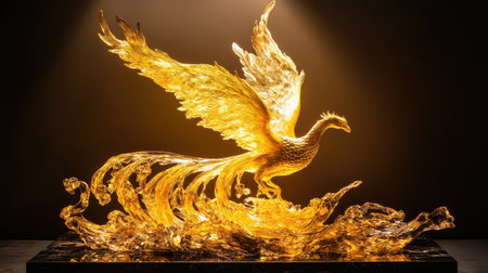 A magnificent golden phoenix sculpture captures the essence of rebirth and transformation, elegantly rising from dynamic waves in stunning glass craftsmanship.の素材