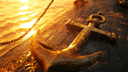 A beautifully detailed golden anchor rests on weathered wood, illuminated by the warm glow of sunset reflecting off the gentle water surface, creating a serene nautical atmosphere.の素材