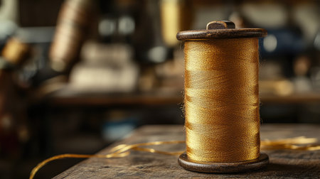 A stunning close-up of a vintage wooden spool filled with golden thread, set against a rustic background, capturing the essence of craftsmanship and creativity in textile projects.の素材