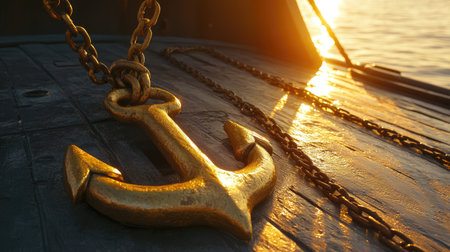A stunning close-up of a golden anchor resting on a rustic boat deck, bathed in warm sunset light, offering a serene maritime atmosphere perfect for promoting coastal adventure themes.の素材