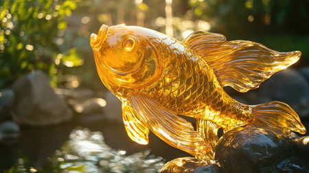 A beautiful golden fish sculpture resting on a rock beside shimmering water. The lush greenery adds a serene touch to this stunning outdoor garden composition. Ideal for nature art lovers.の素材