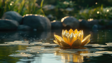 A stunning water lily radiates warm light in a tranquil pond, surrounded by smooth stones and lush greenery, creating a peaceful and serene atmosphere.の素材