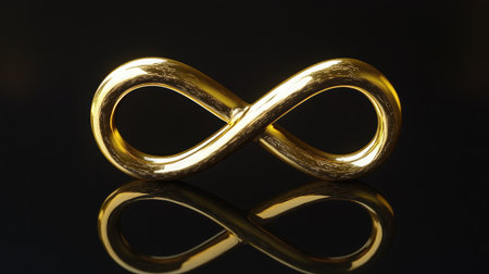 A striking golden infinity symbol elegantly reflects on a black background, embodying themes of endless love, continuity, and limitless possibilities, perfect for various design uses.の素材
