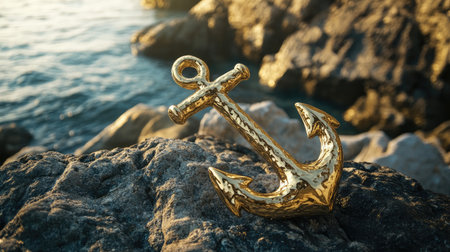 A stunning golden anchor sits on a rocky surface by the shimmering water, representing strength and serenity, perfect for nautical-themed designs or tranquility in nature.の素材