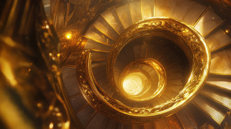 A stunning spiral staircase bathed in golden light showcases intricate design elements, creating an inviting and elegant atmosphere ideal for luxurious interiors or architectural themes.の素材
