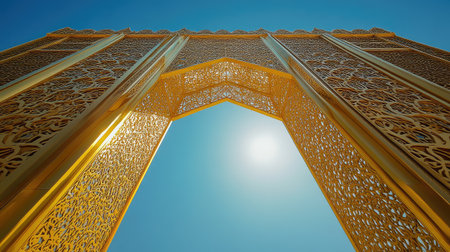 Stunning golden archway showcases intricate patterns under a clear blue sky, capturing the essence of cultural beauty and architectural elegance in vibrant sunlight.の素材