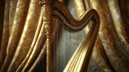This stunning image features a golden harp against lavish drapery, embodying elegance and luxury, perfect for music-themed projects or artistic inspiration.の素材