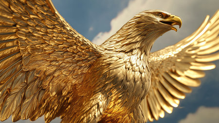 A stunning golden eagle captured in mid-flight, showcasing its majestic wings and intricate feather details against a bright blue sky backdrop, symbolizing power and freedom.の素材