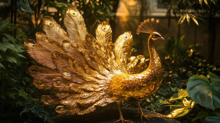 A stunning golden peacock sculpture stands gracefully among lush greenery, capturing the essence of elegance and artistry in a tranquil indoor garden atmosphere.の素材