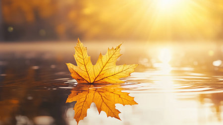 A stunning golden maple leaf floats serenely on a calm water surface, reflecting warm autumn colors in the early morning light, capturing the essence of nature's tranquility.の素材