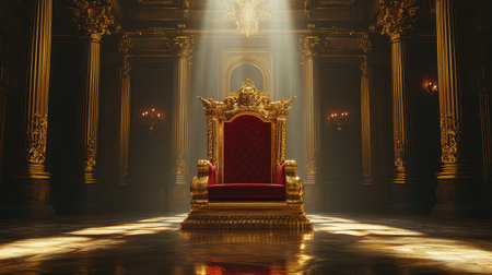 A stunning gold throne set in a lavish palace interior, illuminated by radiant sunlight, creating an enchanting atmosphere rich in history and elegance.の素材
