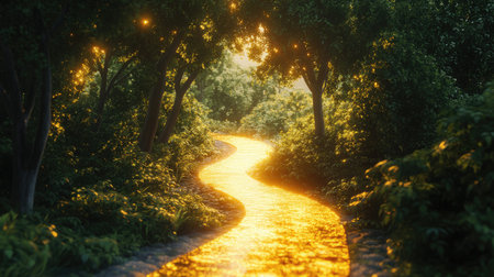 A picturesque winding pathway cuts through a luminous forest, illuminated by golden sunlight reflecting off a serene stream, evoking tranquility and a love for nature.の素材