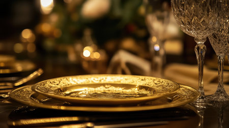 A beautifully plated golden dish sits elegantly on a luxurious table, accented by crystal glassware and soft ambient lighting, ideal for creating a refined dining atmosphere.の素材