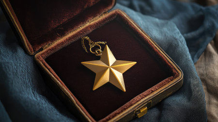 A stunning gold star pendant necklace displayed inside a plush velvet jewelry box, resting on soft textured fabric, perfect for showcasing elegance and luxury in fashion or design.の素材