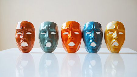 A set of five vibrant ceramic masks artfully arranged on a white surface, showcasing different emotions, ideal for decoration and artistic inspiration.の素材