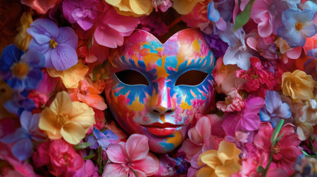 A striking close-up of a colorful mask, beautifully encircled by a lush array of vibrant flowers, perfect for themes of art, celebration, and nature's beauty.の素材
