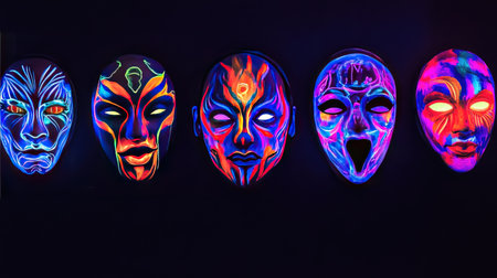 A striking display of neon masks illuminated by black light, featuring unique artistic designs and vibrant colors perfect for celebrations and cultural art expressions.の素材