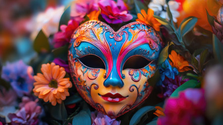 A stunning heart-shaped mask adorned with intricate designs lies amidst a bed of colorful flowers, symbolizing beauty and celebration, perfect for festive decorations.の素材