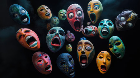 This striking image showcases an array of vividly colored masks portraying exaggerated expressions of fear and emotion, set against a dark, atmospheric backdrop.の素材