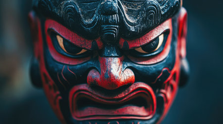 Captivating close-up of a carved mask that showcases a fierce expression, highlighting the intricate details and cultural importance of traditional wood artistry.の素材